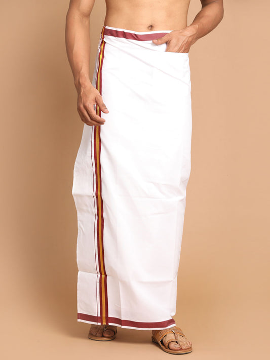 Men's White And Maroon Dhoti/Mundu/Vesty