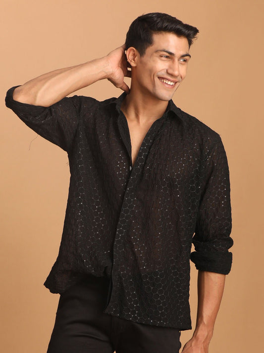 Vastramay - MEN'S BLACK FANCY SEQUINED SHIRT