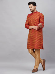 Men's Red And Rose Gold Silk Blend Kurta Pyjama Set