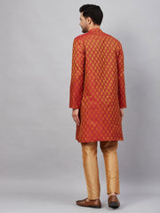 Men's Red And Rose Gold Silk Blend Kurta Pyjama Set