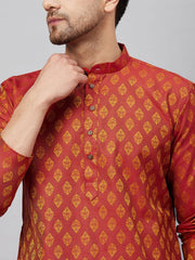 Men's Red And Rose Gold Silk Blend Kurta Pyjama Set