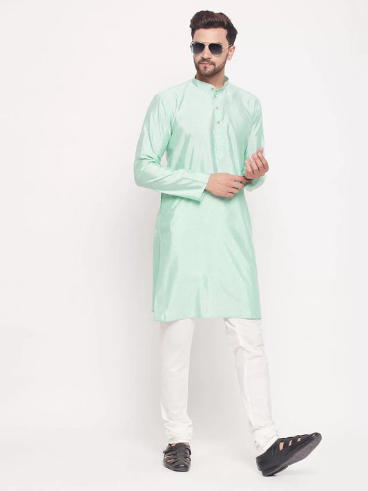 Men's Aqua And Cream Silk Blend Kurta Pyjama Set