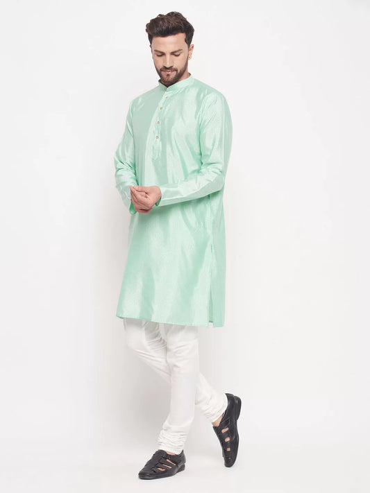 Men's Aqua And Cream Silk Blend Kurta Pyjama Set