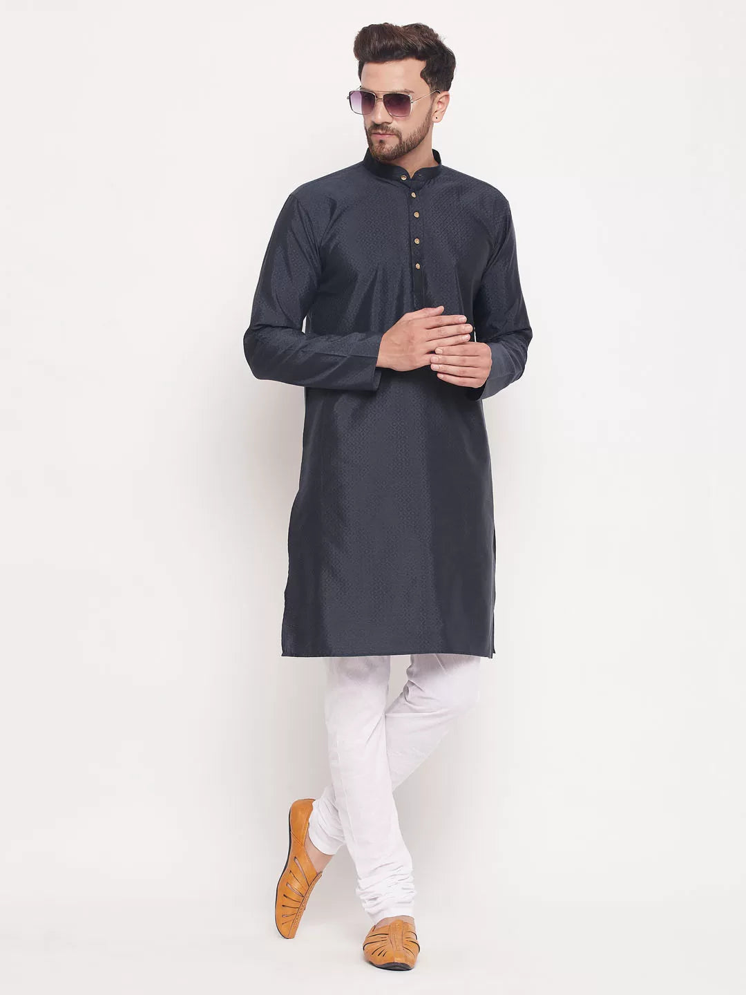 Vastramay - Men's Navy Blue And White Silk Blend Kurta Pyjama Set