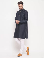 Vastramay - Men's Navy Blue And White Silk Blend Kurta Pyjama Set