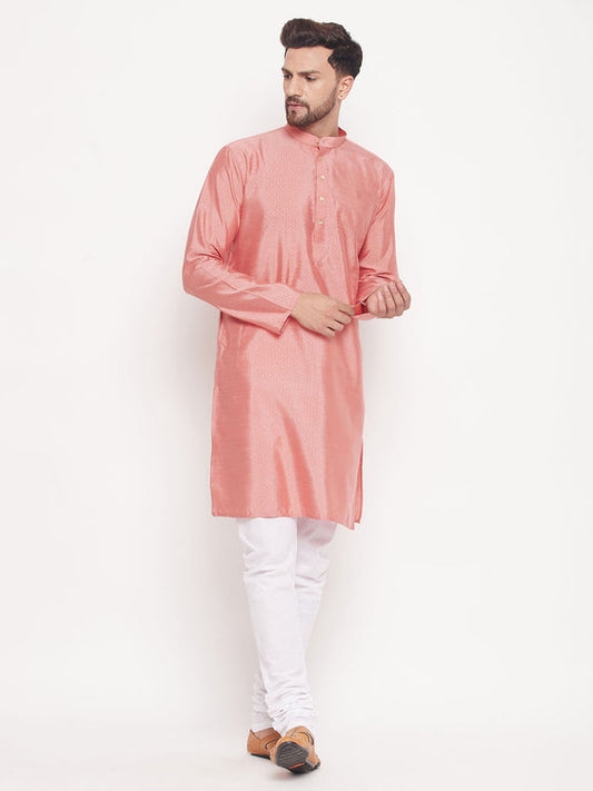 Men's Pink Square Woven Design Silk Blend Kurta With White Pyjama Set