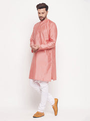 Vastramay - Men's Pink Square Woven Design Silk Blend Kurta With White Pyjama Set