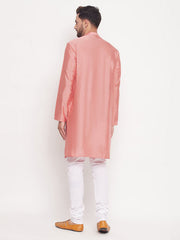 Vastramay - Men's Pink Square Woven Design Silk Blend Kurta With White Pyjama Set