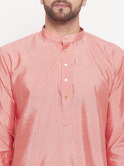 Vastramay - Men's Pink Square Woven Design Silk Blend Kurta With White Pyjama Set