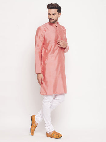 Men's Pink Square Woven Design Silk Blend Kurta With White Pyjama Set