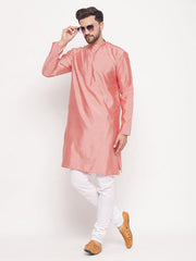 Vastramay - Men's Pink Square Woven Design Silk Blend Kurta With White Pyjama Set