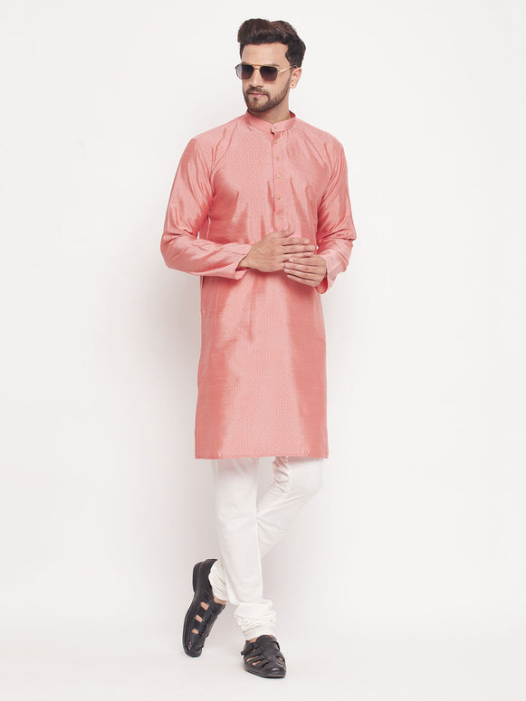 Vastramay - Men's Pink Square Woven Design Silk Blend Kurta With Cream Pyjama Set