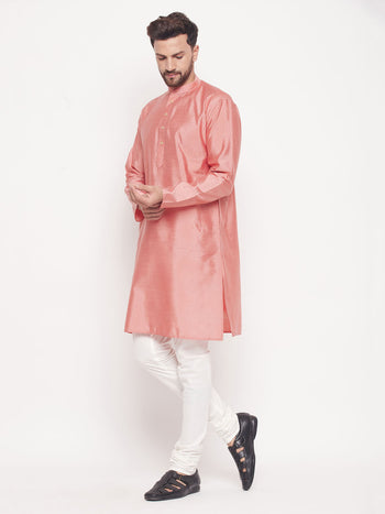 Men's Pink Square Woven Design Silk Blend Kurta With Cream Pyjama Set