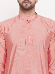 Vastramay - Men's Pink Square Woven Design Silk Blend Kurta With Cream Pyjama Set