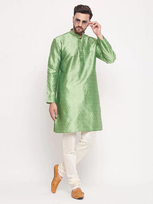 Vastramay - Men's Mint Green And Cream Silk Blend Kurta Pyjama Set