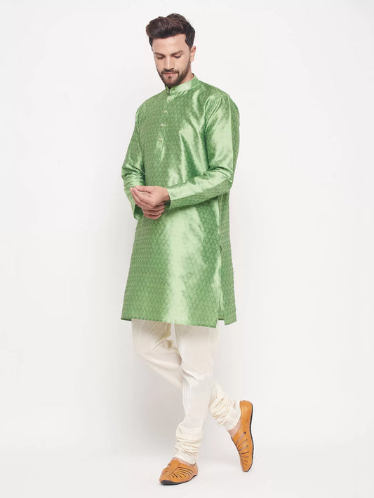 Vastramay - Men's Mint Green And Cream Silk Blend Kurta Pyjama Set