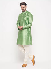 Vastramay - Men's Mint Green And Cream Silk Blend Kurta Pyjama Set