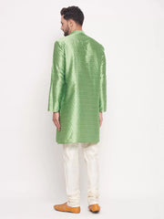 Vastramay - Men's Mint Green And Cream Silk Blend Kurta Pyjama Set