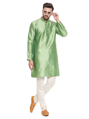 Vastramay - Men's Mint Green And Cream Silk Blend Kurta Pyjama Set