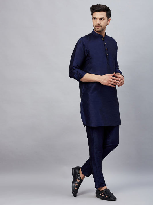 Vastramay - Men's Navy Blue And Navy Blue Cotton Blend Kurta Pyjama Set