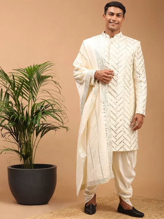 Shrestha By Vastramay - Men's Cream Silk Blend Sherwani Set With Dupatta