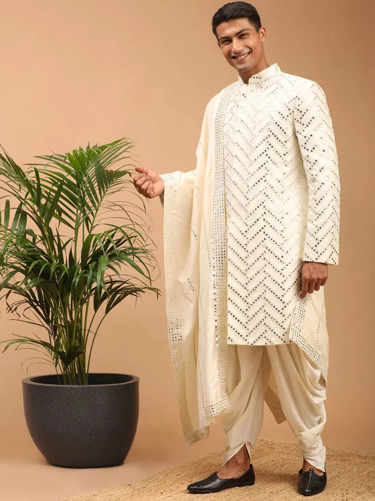 Shrestha By Vastramay - Men's Cream Silk Blend Sherwani Set With Dupatta