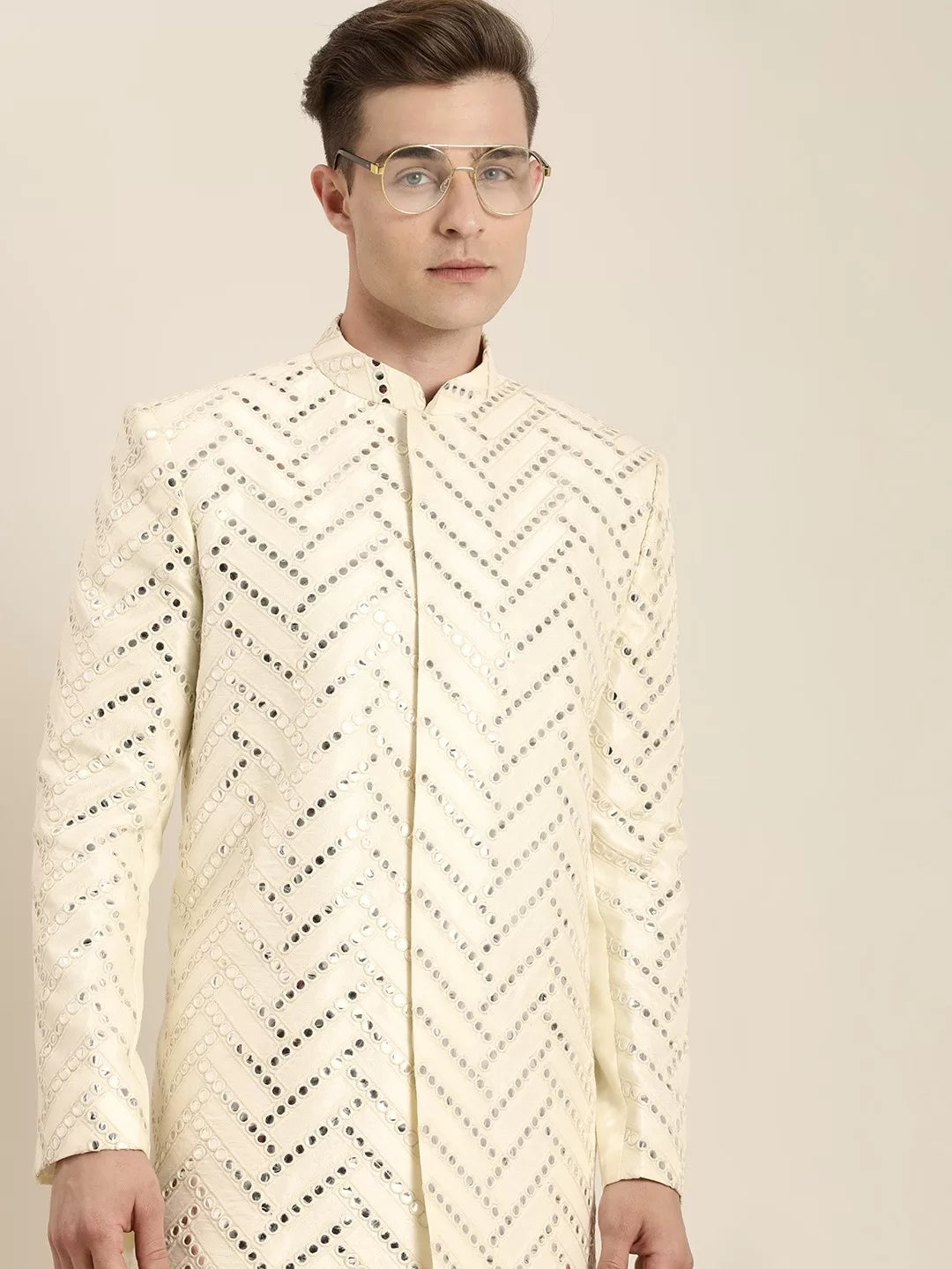 Men's Cream Silk Blend Sherwani Set