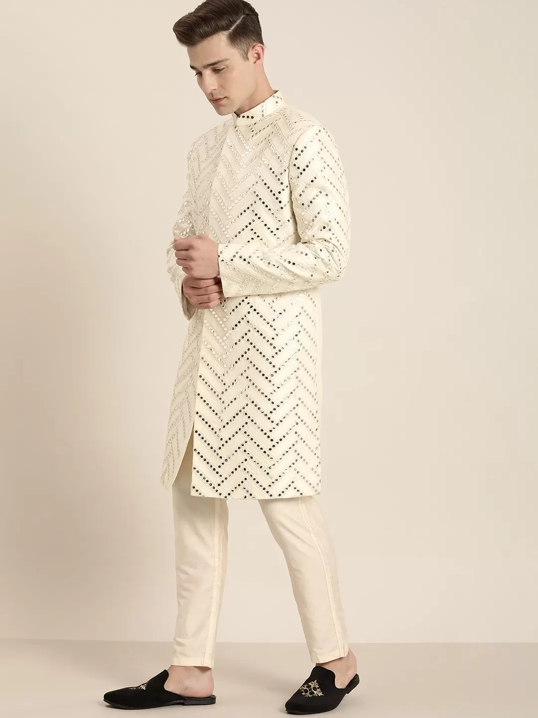 Men's Cream Silk Blend Sherwani Set