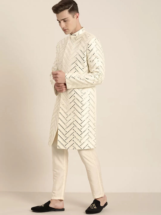 Men's Cream Silk Blend Sherwani Set