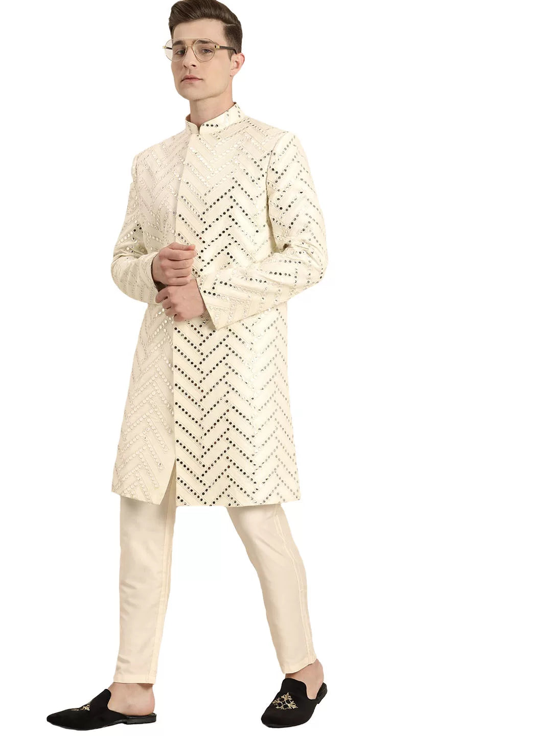 Men's Cream Silk Blend Sherwani Set