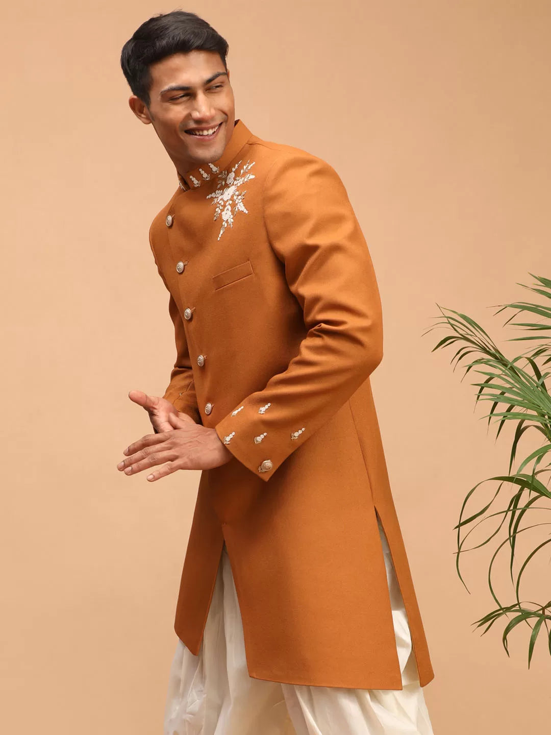 Men's Mustard Silk Blend Sherwani Only Top