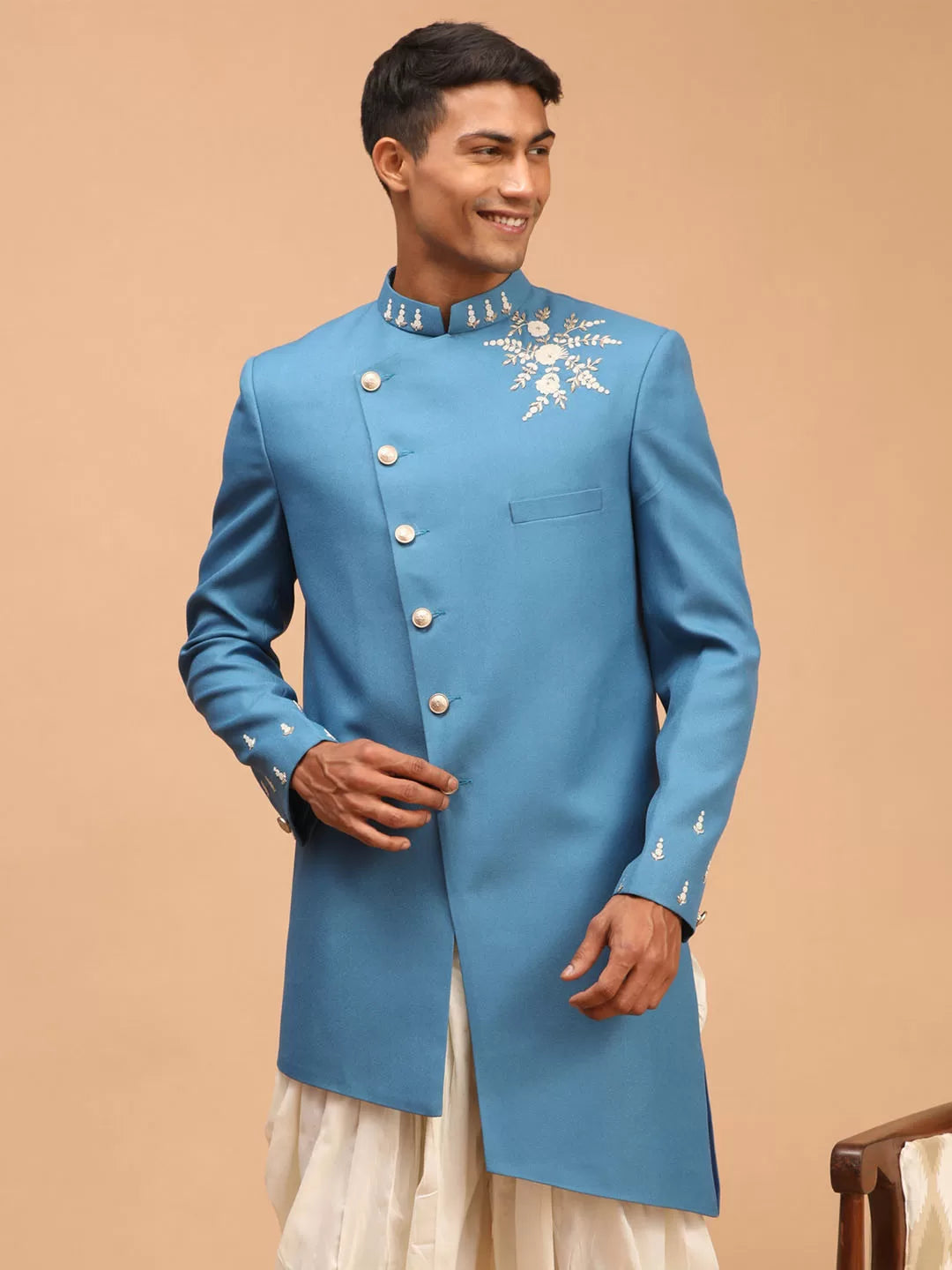 Men's Turquoise Silk Blend Sherwani Only Top