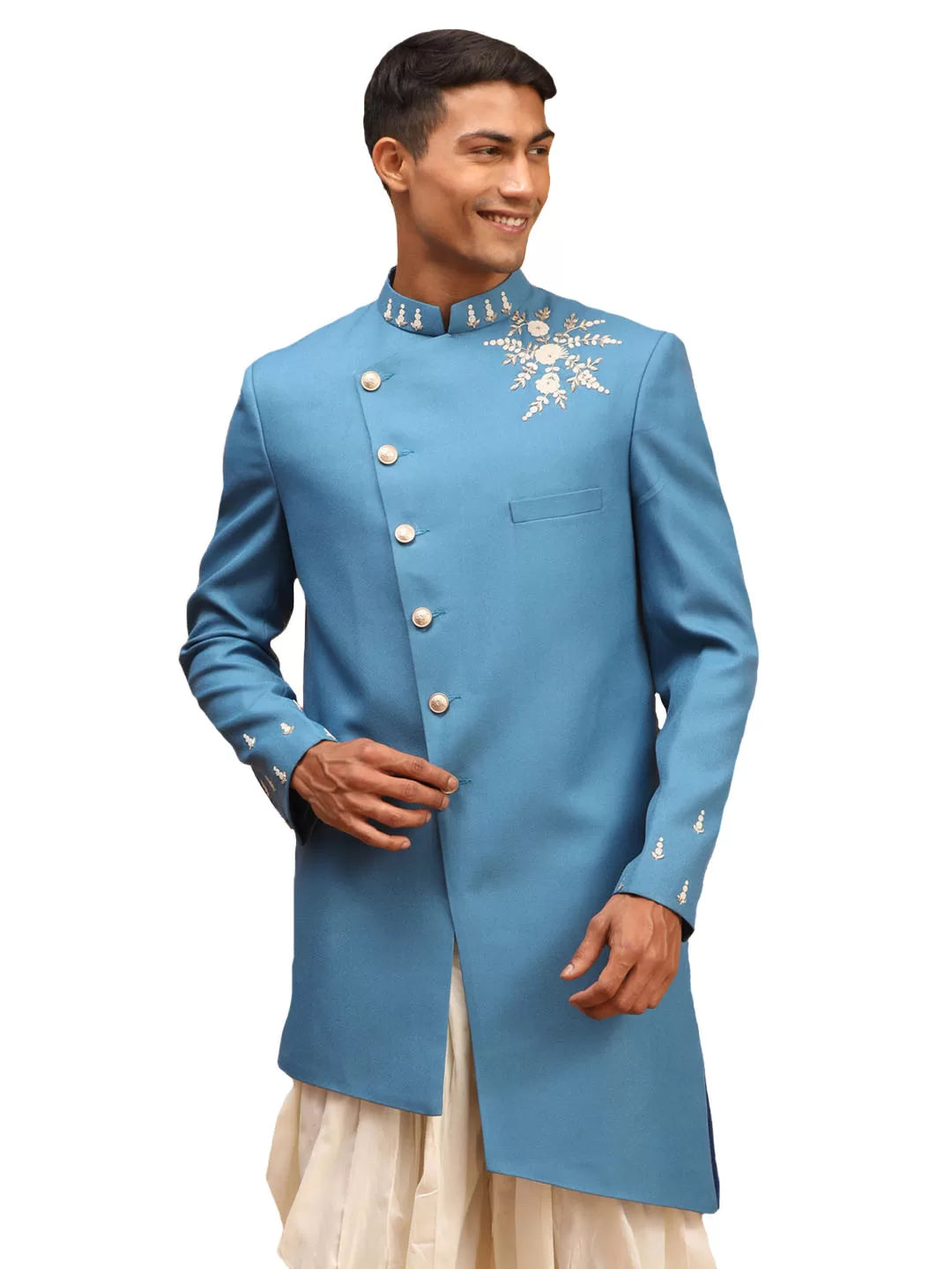 Men's Turquoise Silk Blend Sherwani Only Top