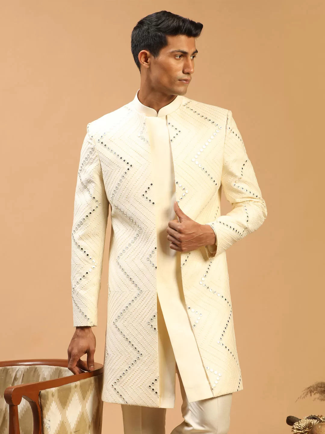 Men's Cream Viscose Sherwani Only Top