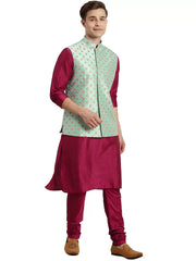 Men's Mint Green And Pink Poly viscose Jacket, Kurta and Pyjama Set