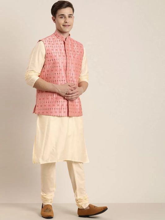 Men's Onion Pink And Cream Viscose Jacket, Kurta and Pyjama Set