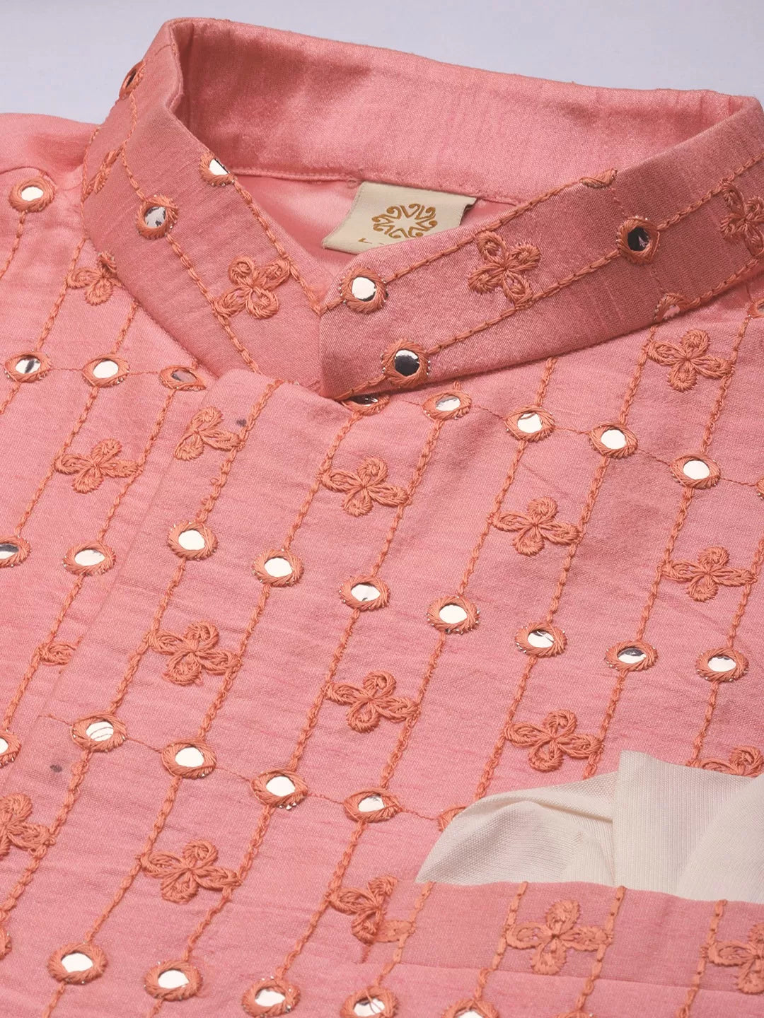 Men's Onion Pink And Cream Viscose Jacket, Kurta and Pyjama Set