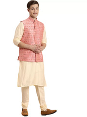 Men's Onion Pink And Cream Viscose Jacket, Kurta and Pyjama Set