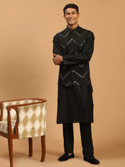 Men's Black Viscose Jacket, Kurta and Pyjama Set