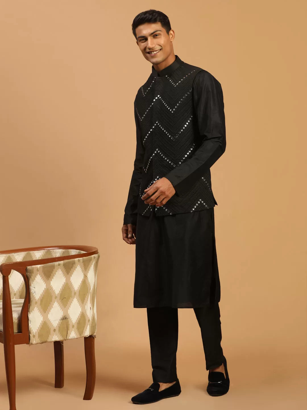 Men's Black Viscose Jacket, Kurta and Pyjama Set