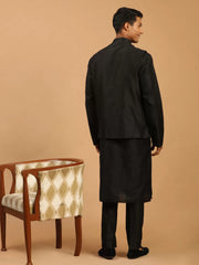 Men's Black Viscose Jacket, Kurta and Pyjama Set