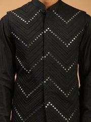 Men's Black Viscose Jacket, Kurta and Pyjama Set