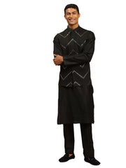 Men's Black Viscose Jacket, Kurta and Pyjama Set