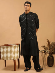 Men's Black Viscose Jacket, Kurta and Pyjama Set