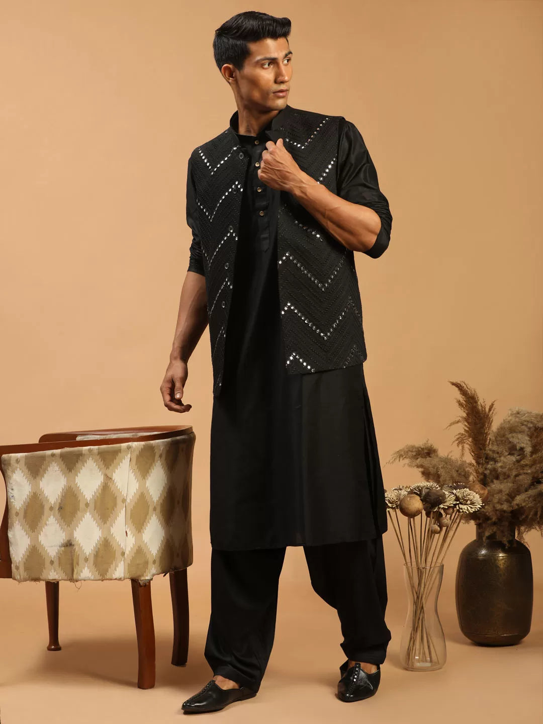 Men's Black Viscose Jacket, Kurta and Pyjama Set