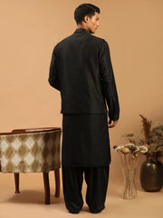 Men's Black Viscose Jacket, Kurta and Pyjama Set