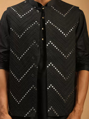 Men's Black Viscose Jacket, Kurta and Pyjama Set