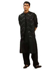 Men's Black Viscose Jacket, Kurta and Pyjama Set