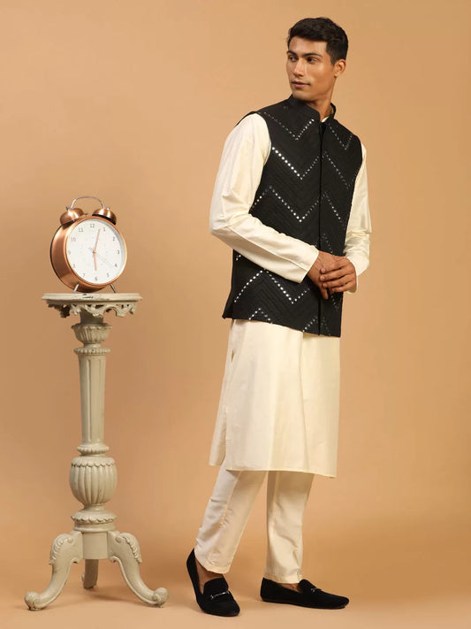 Men's Black And Cream Viscose Jacket, Kurta and Pyjama Set