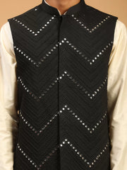 Men's Black And Cream Viscose Jacket, Kurta and Pyjama Set